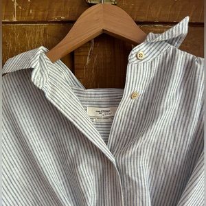 Isabel Marant oversized blue and white seersucker shirt dress.